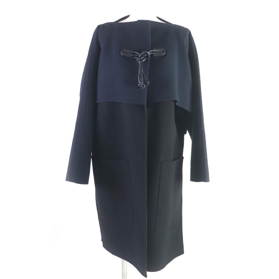 極美品□HERMES エルメス 2022年製 2H0114DB カシミヤ100％ ラムレザー使い ノーカラーコート キモノコート ブラック 紺 36 イタリア製 HERMES（エルメス） 極美品□HERMES 2022年製 2H0114DB カシミヤ100