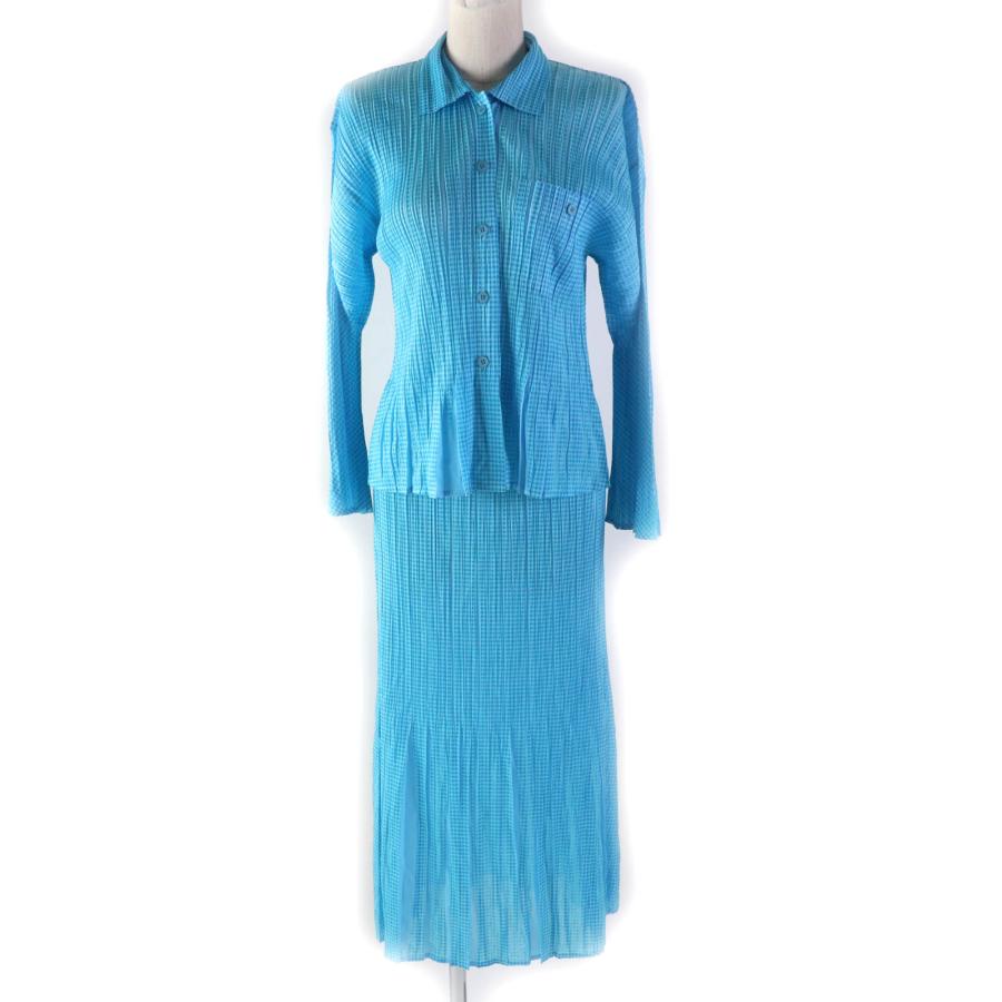 美品★プリーツプリーズ イッセイミヤケ PP22-JJ853/PP22-JG855 チェック柄 長袖シャツ＋ロングスカート セットアップ 水色 3 正規品 美品☆プリーツプリーズ イッセイミヤケ PP22-JJ853/PP22-JG855