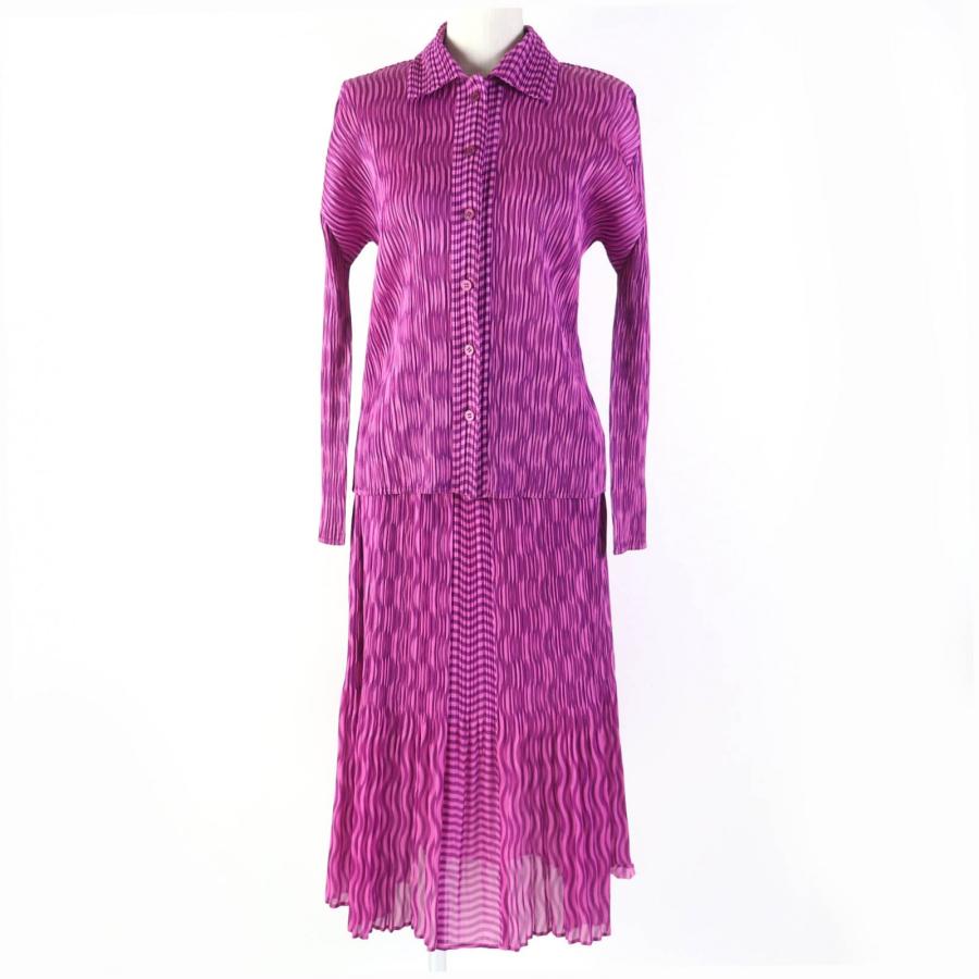 極美品☆プリーツプリーズ イッセイミヤケ ウェーブ柄 長袖シャツ/ロングスカート セットアップ パープル 3・2 日本製 正規品 レディース 極美品☆プリーツプリーズ イッセイミヤケ ウェーブ柄 長袖シャツ