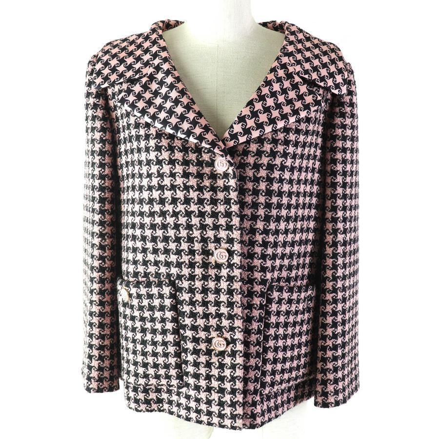 極美品△グッチ 2021年 674323 ZAHXM 裏地シルク100％ GGボタン付き 千鳥格子柄 ハンドトゥース 九分袖 ジャケット ピンク 黒 36 伊製 GUCCI（グッチ） 極美品△グッチ 2021年 674323 ZAHXM 裏地シルク100
