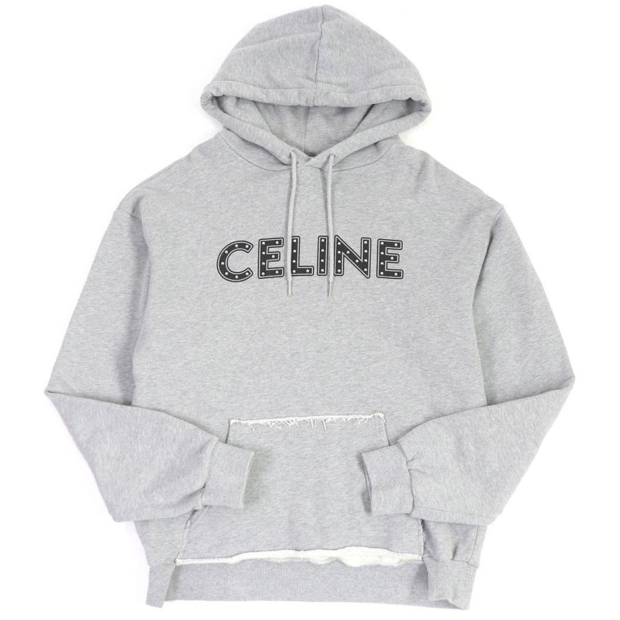 美品□CELINE セリーヌ 2Y309052H コットン スタッズ ロゴプリント プルオーバー フーディー パーカー グレー S イタリア製 正規品 CELINE（セリーヌ） 美品□CELINE 2Y309052H コットン スタッズ ロゴ