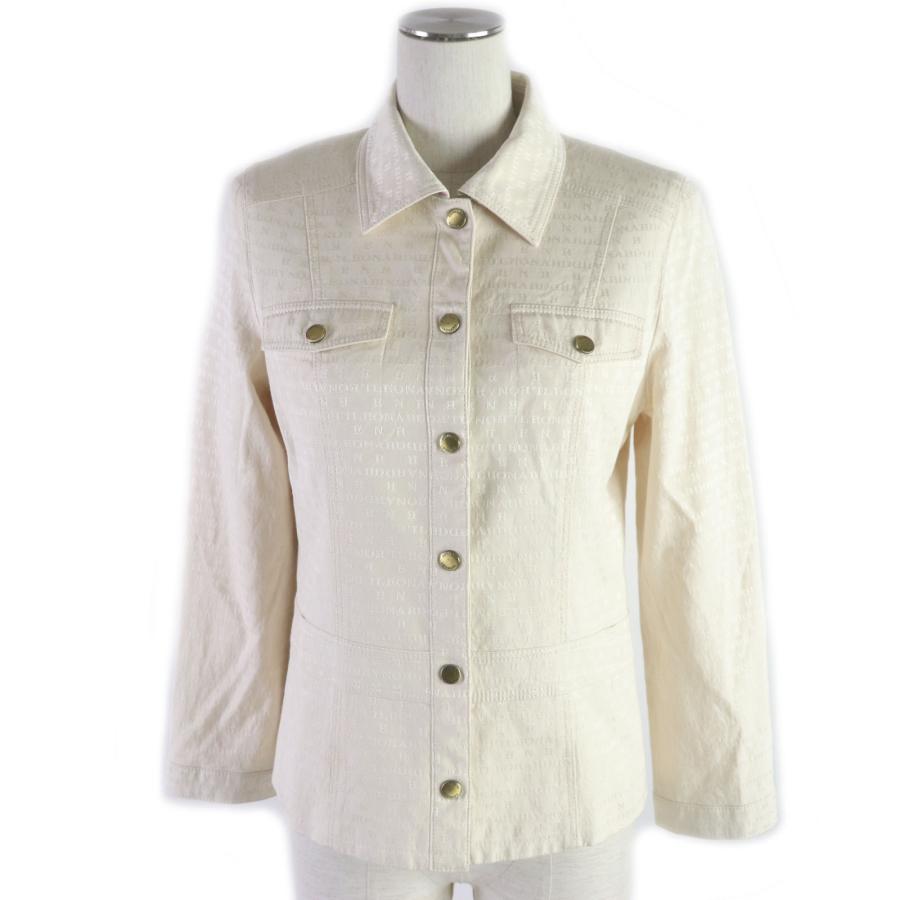 美品▼LEONARD レオナール シルク66% ロゴ総柄 ロゴ入りゴールドボタン ブルゾン ジャケット クリーム 9 日本製 正規品 レディース LEONARD（レオナール） 美品▽LEONARD シルク66% ロゴ総柄 ロゴ入り