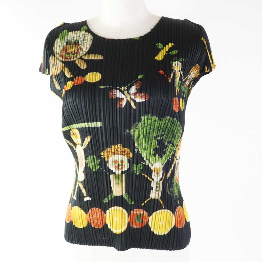 極美品◎プリーツプリーズ イッセイミヤケ PP41-JK651 ベジタブルドールプリント 半袖 カットソー マルチ 黒 3 日本製 正規品 レディース 極美品◎プリーツプリーズ イッセイミヤケ PP41-JK651 ベジタブル