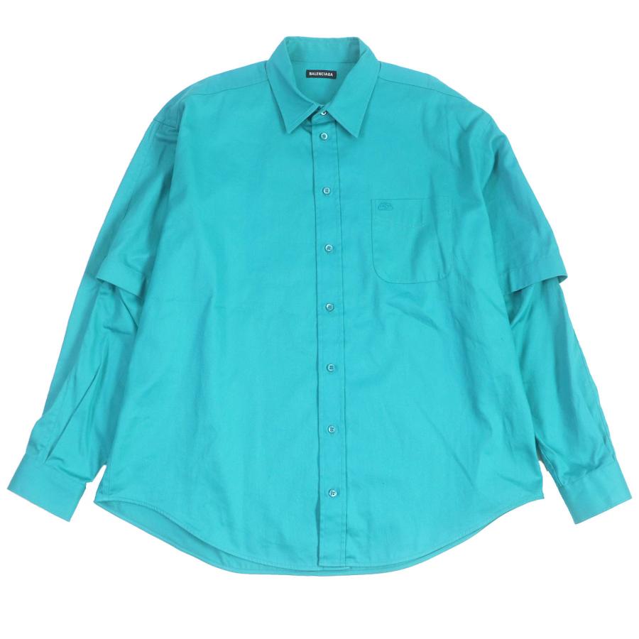 極美品□BALENCIAGA バレンシアガ 595219  BBロゴ刺繍 オーバーサイズ ダブルスリーブ ワークシャツ 長袖シャツ ターコイズ 40 正規品 BALENCIAGA（バレンシアガ） 極美品□BALENCIAGA 595219 BBロゴ刺繍