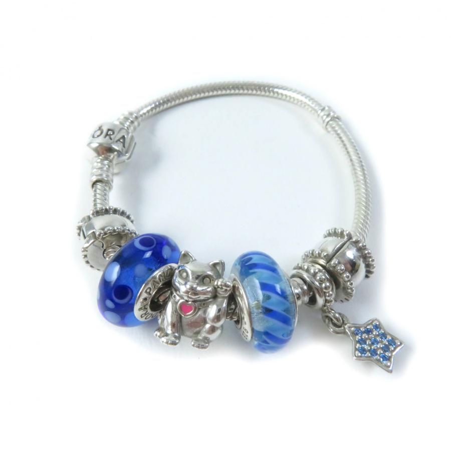 極美品☆PANDORA パンドラ スネークチェーン チャーム6個付 猫 星 