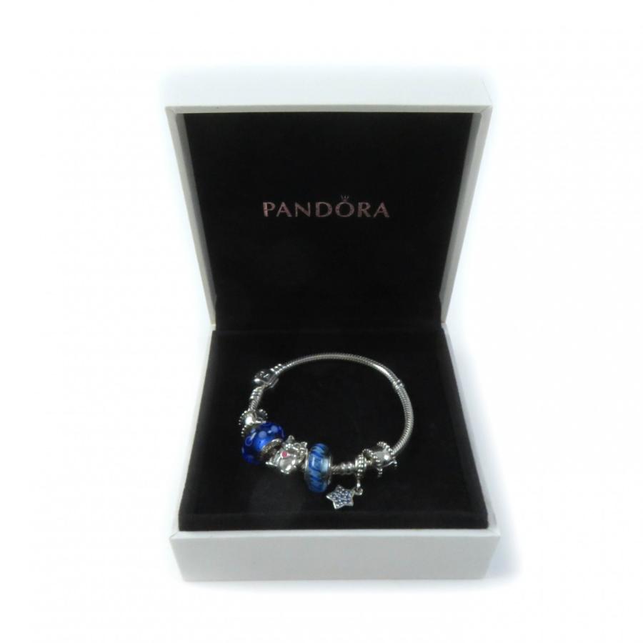 極美品☆PANDORA パンドラ スネークチェーン チャーム6個付 猫 星 