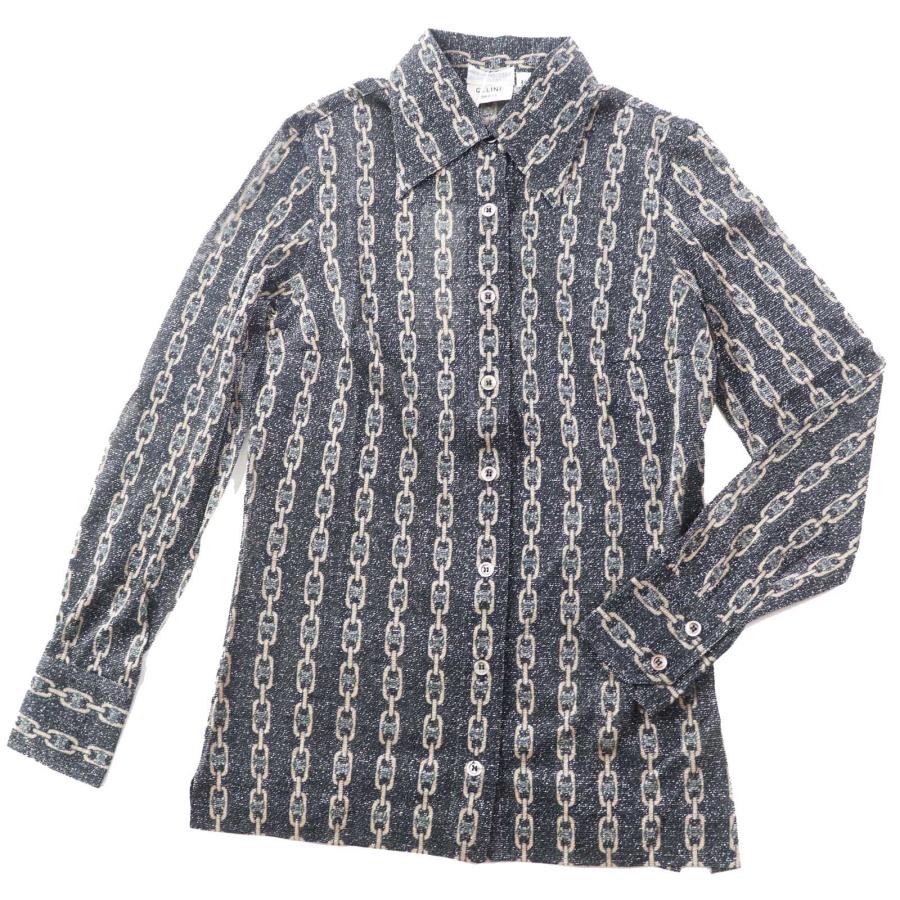 未使用品◎CELINE セリーヌ レア オールドセリーヌ トリオンフ チェーン柄 ラメ入り 長袖シャツ ブラック ベージュ 38 伊製 レディース CELINE（セリーヌ） 未使用品◎CELINE レア オールドセリーヌ