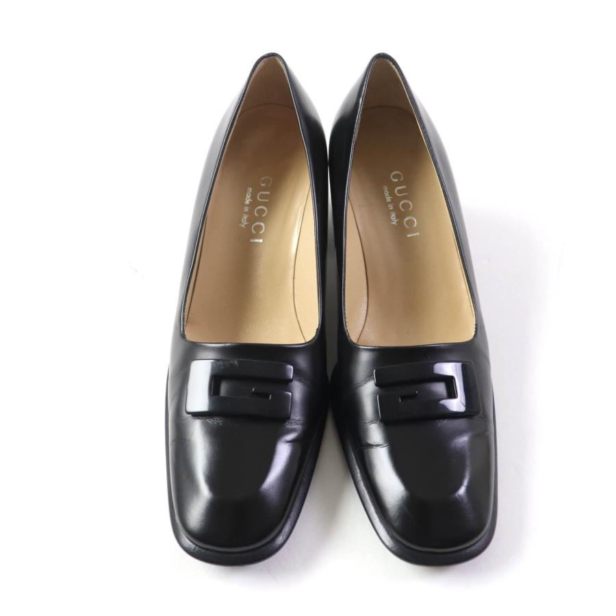 美品☆GUCCI グッチ ロゴプレート付 チャンキーヒール レザー パンプス 
