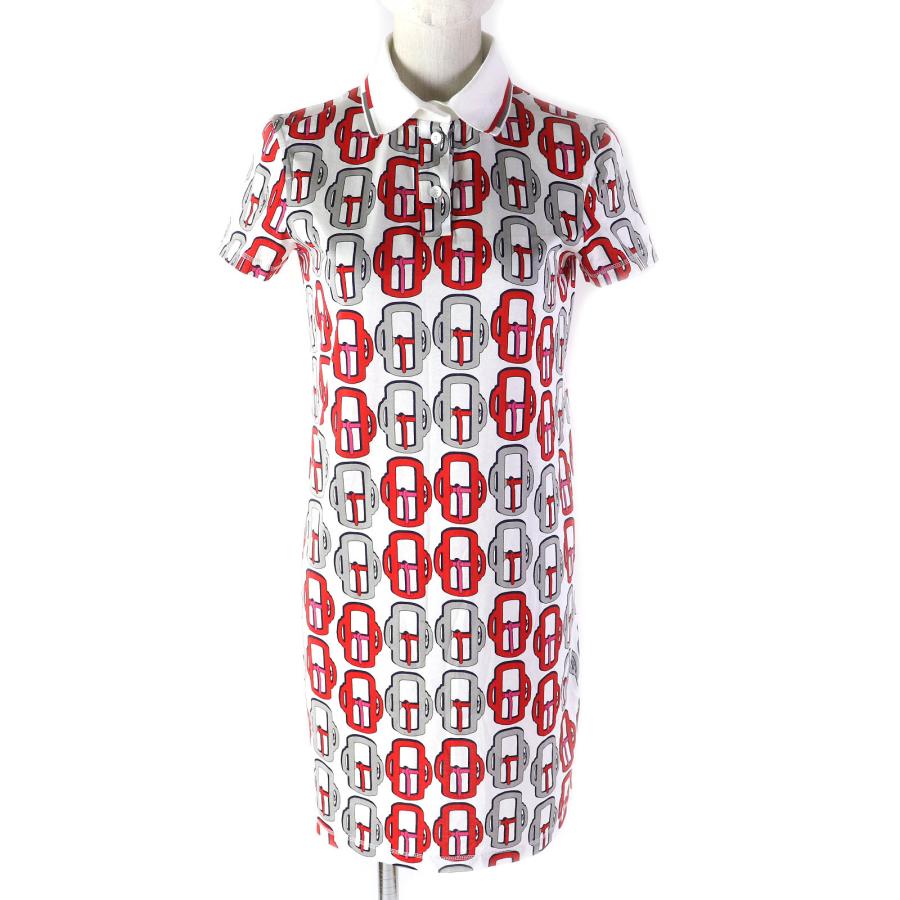 極美品△エルメス BOUCLERIE MODERNE JERSEY モダンなバックル セリエボタン 半袖 ポロ ワンピース 白 赤 グレー 紺 34 仏製 正規品 HERMES（エルメス） 極美品△エルメス BOUCLERIE MODERNE JERSEY