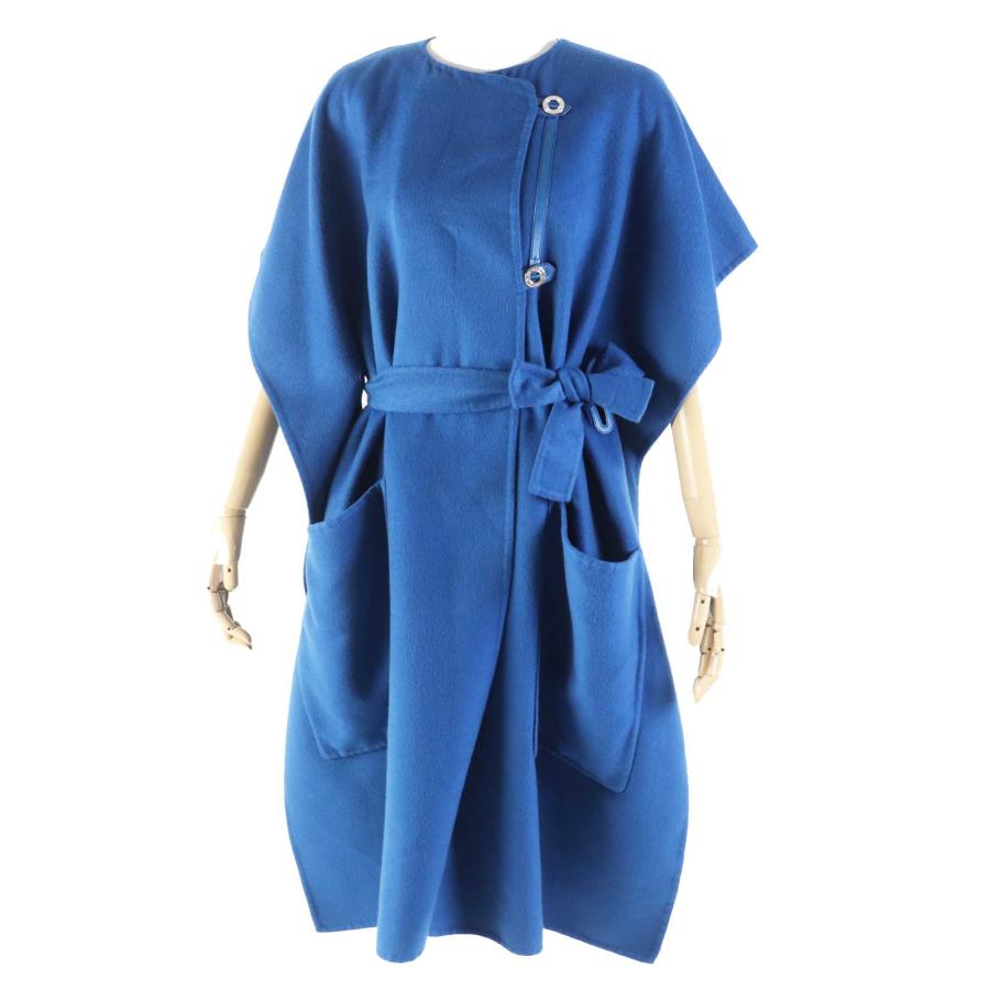 未使用品◎HERMES エルメス 2E0136DG カシミヤ100％ シルバー金具 セリエボタン ベルト付き ノーカラー ロングコート ブルー 38　正規品 HERMES（エルメス） 未使用品◎HERMES 2E0136DG カシミヤ100