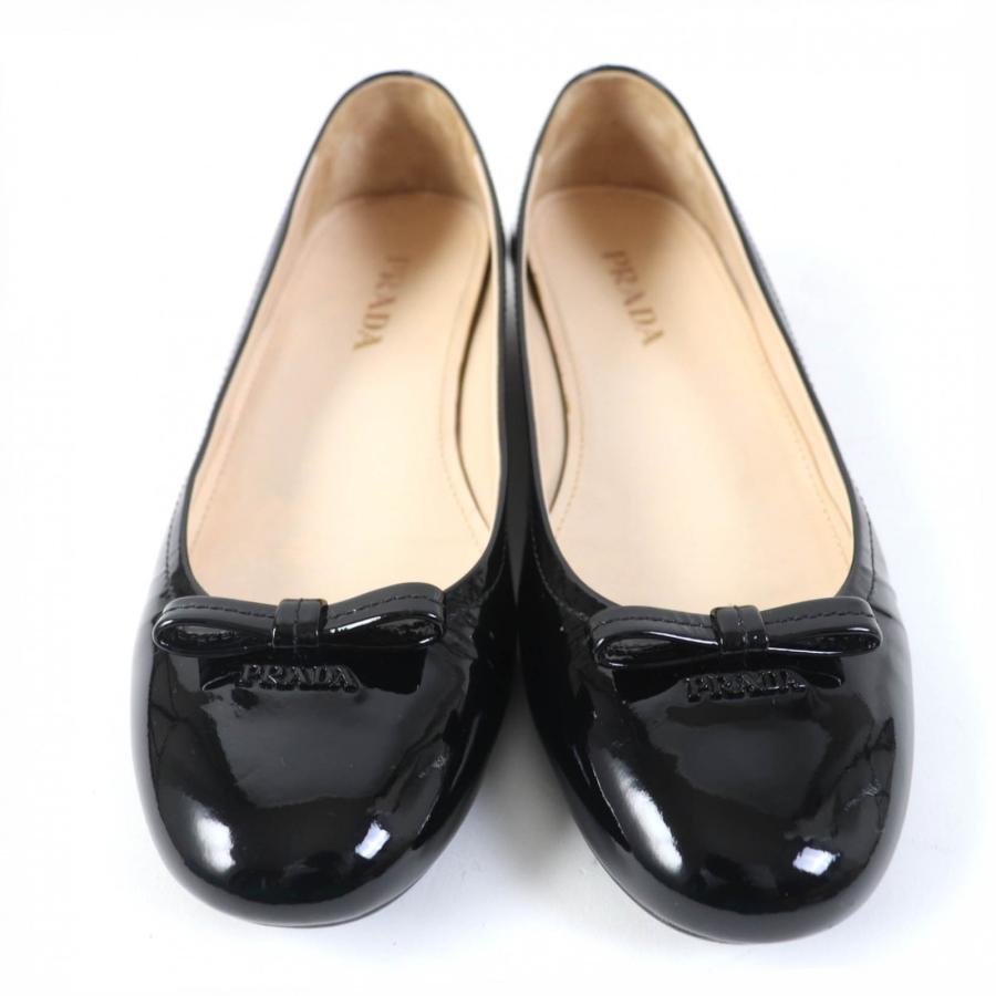 美品☆PRADA プラダ ロゴエンボス・リボン付 エナメル レザー パンプス 