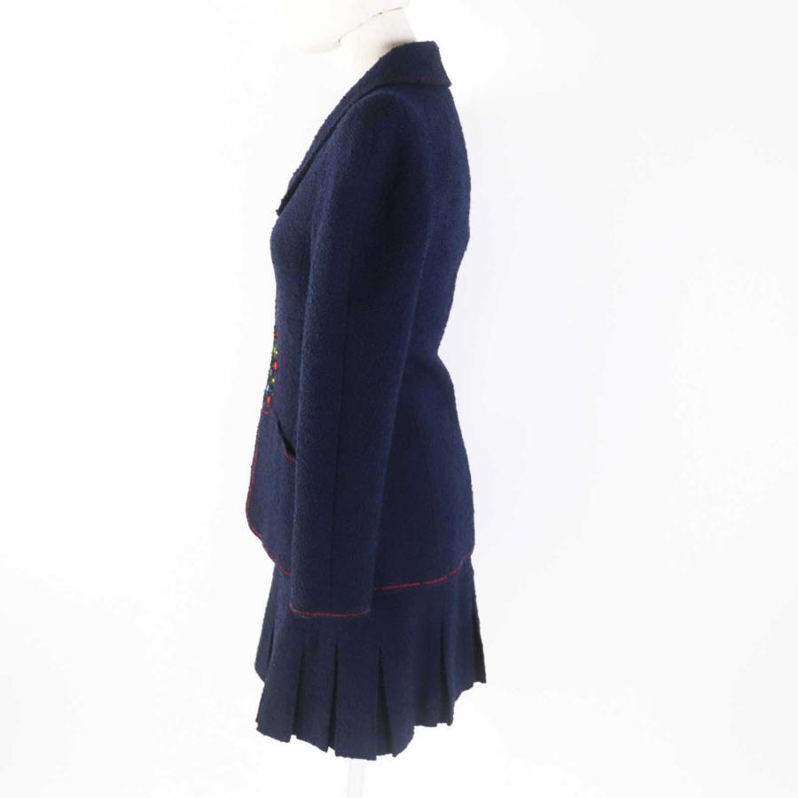 美品◎CHANEL シャネル ヴィンテージ 97A P09685 ウール 単色ツイード セットアップ ネイビー 36・36 フランス製 正規品 レディースの画像