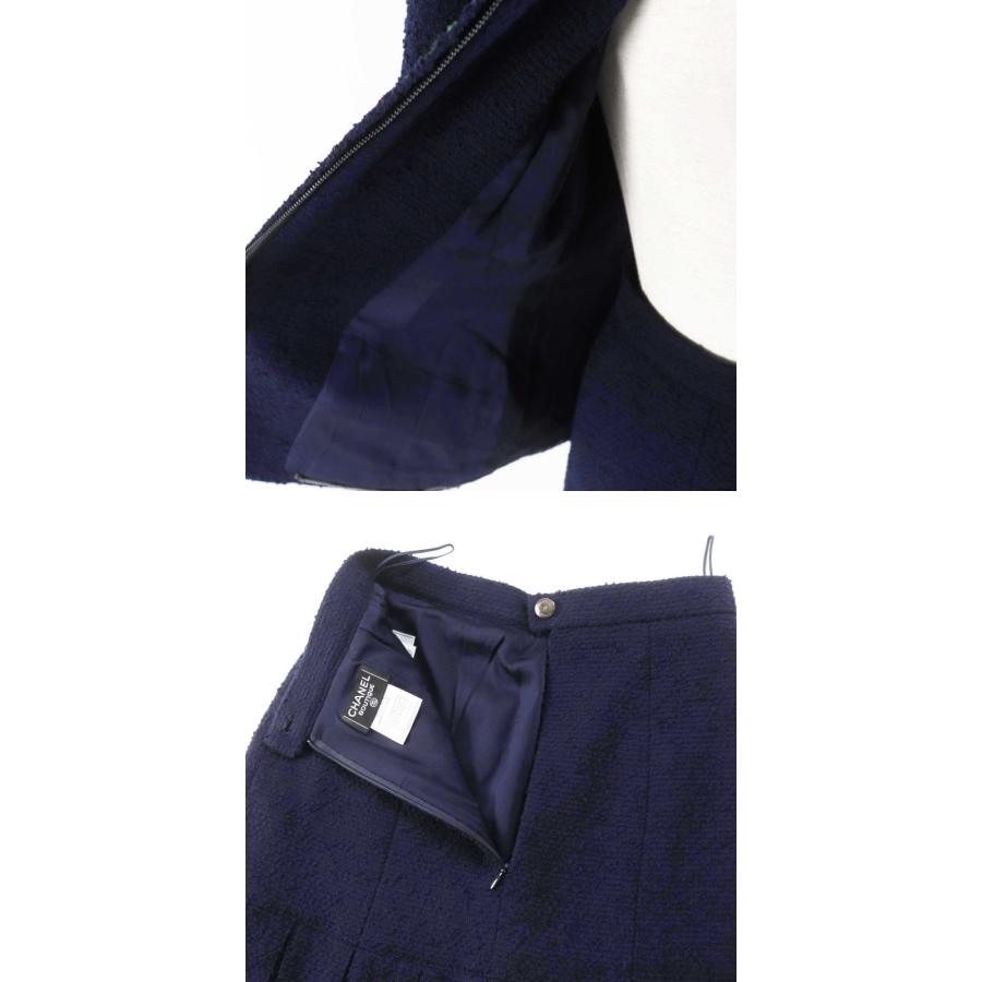 美品◎CHANEL シャネル ヴィンテージ 97A P09685 ウール 単色ツイード セットアップ ネイビー 36・36 フランス製 正規品 レディースの画像