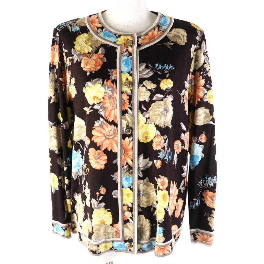 美品△LEONARD FASHION レオナール ファッション ウール シルク 花柄デザイン ロゴ金ボタン カーディガン 焦げ茶 マルチカラー L 正規品 美品△LEONARD FASHION レオナール ファッション ウール シルク 花柄