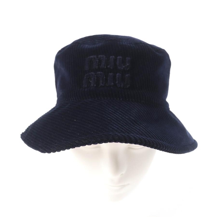 美品★Miu Miu ミュウ ミュウ 5HC196 コットン100％ ロゴデザイン コーデュロイ バケットハット 帽子 ネイビー S 伊製 保存袋付 正規品 美品☆Miu Miu ミュウ 5HC196 コットン100％ ロゴデザイン