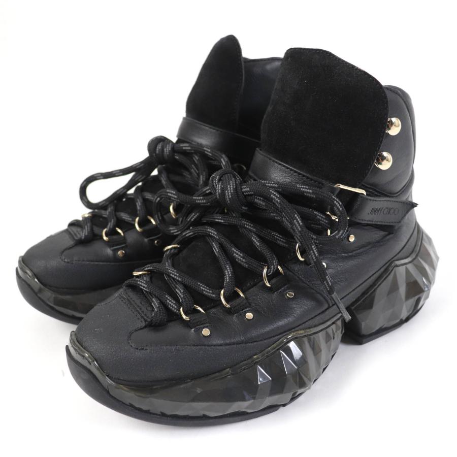 極美品☆JIMMY CHOO ジミーチュウ DIAMOND HIKE レースアップ レザー ハイカットスニーカー ブラック 36 保存袋付き イタリア製 レディース 極美品☆JIMMY CHOO ジミーチュウ DIAMOND HIKE レースアップ レザー
