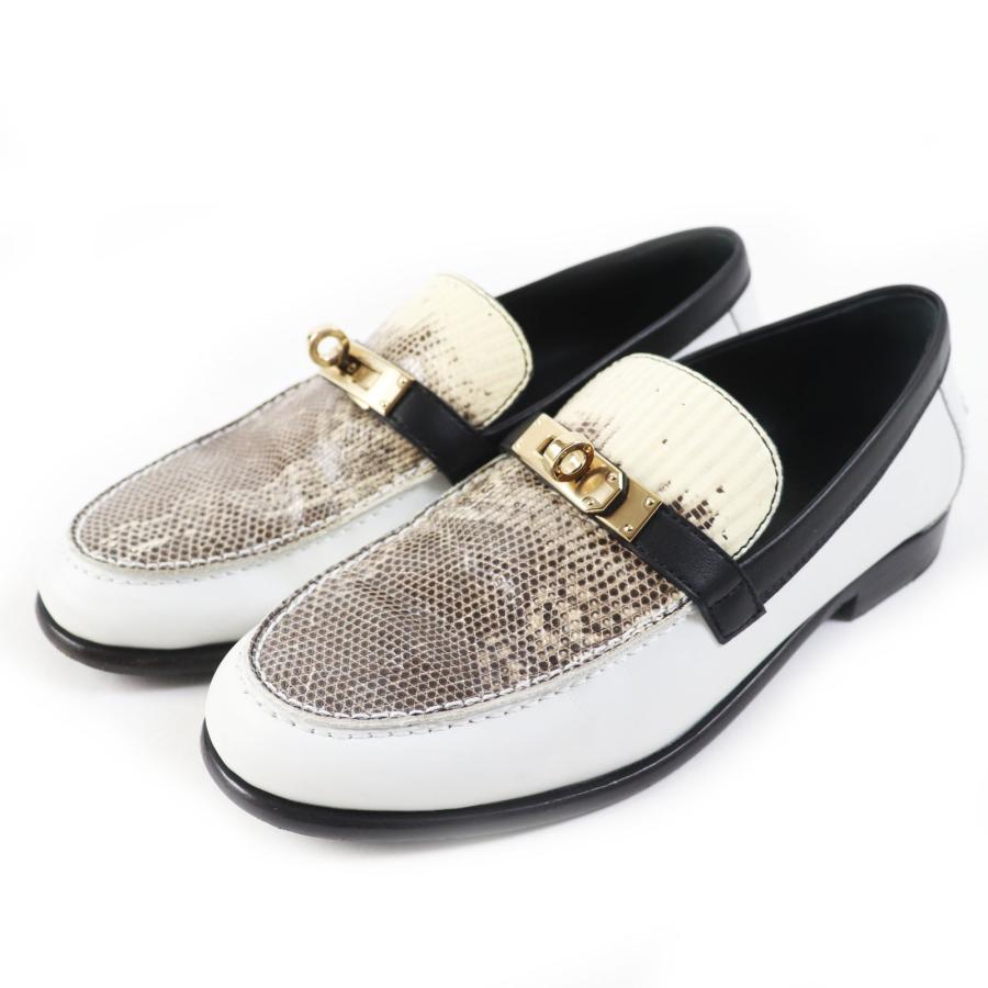 美品◎HERMES エルメス デスタン モカシン ゴールド金具 ケリーバックル レザー リザード ローファー ホワイト ベージュ 35 箱・保存袋付 HERMES（エルメス） 美品◎HERMES デスタン モカシン ゴールド金具