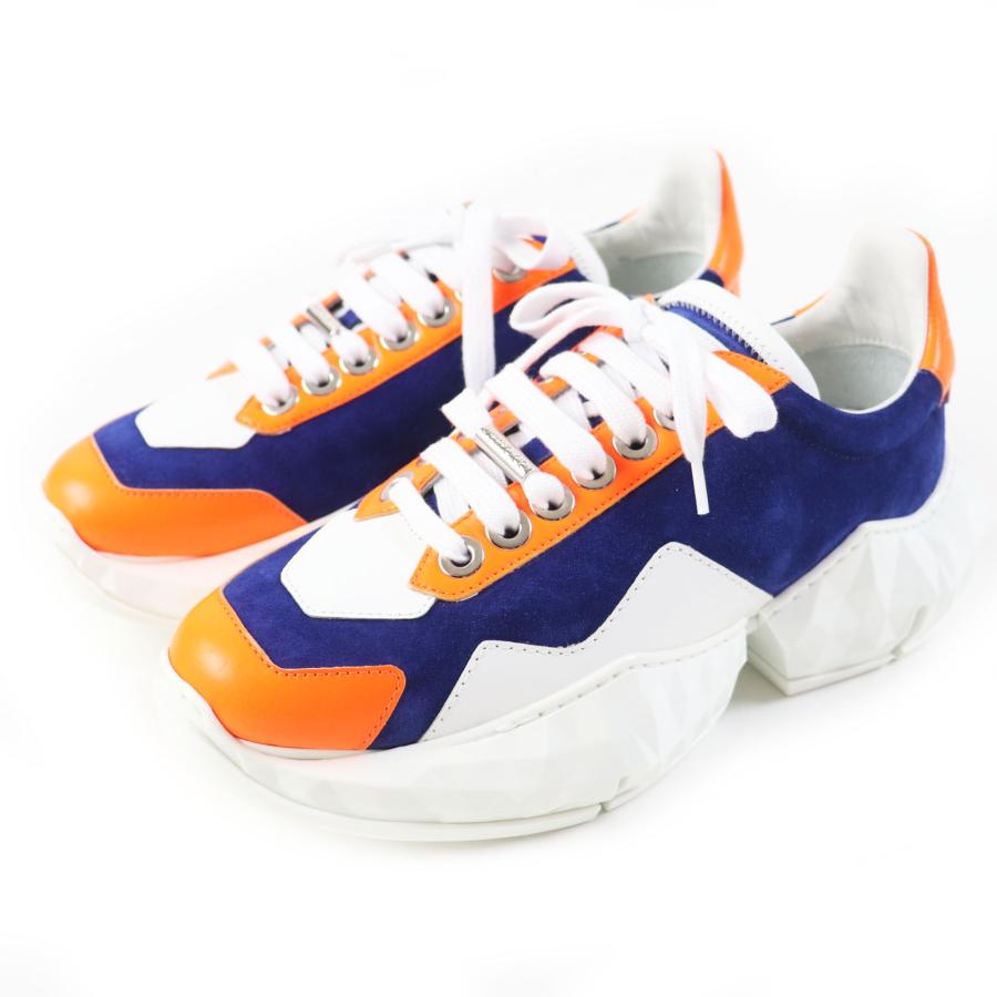 未使用品◎JIMMY CHOO ジミーチュウ DIAMOND カーフレザー ベロア スニーカー コバルト ネオンオレンジ 36 箱・保存袋付き 定価114000円 未使用品◎JIMMY CHOO ジミーチュウ DIAMOND カーフレザー ベロア