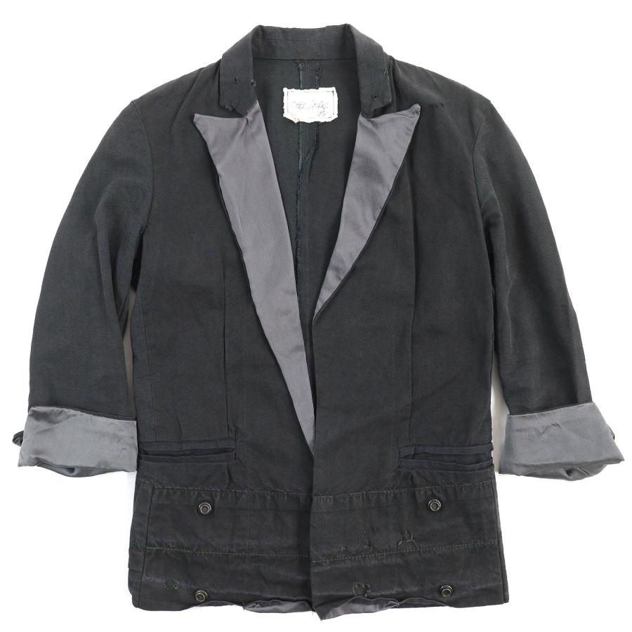 美品△Greg Lauren グレッグローレン 七分袖 ダメージ加工 シルク切替 コットン テーラードジャケット ダークグレー系 1 メンズ 美品△Greg Lauren グレッグローレン 七分袖 ダメージ加工 シルク切替