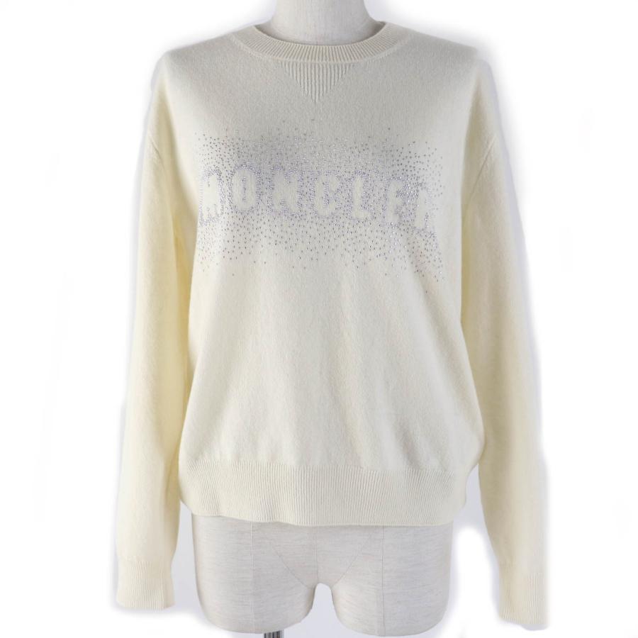 極美品☆MONCLER モンクレール 2023年製 ウール100％ フロントロゴ ラインストーン付 長袖 ニット アイボリー XS 正規品 レディース MONCLER（モンクレール） 極美品☆MONCLER 2023年製 ウール100