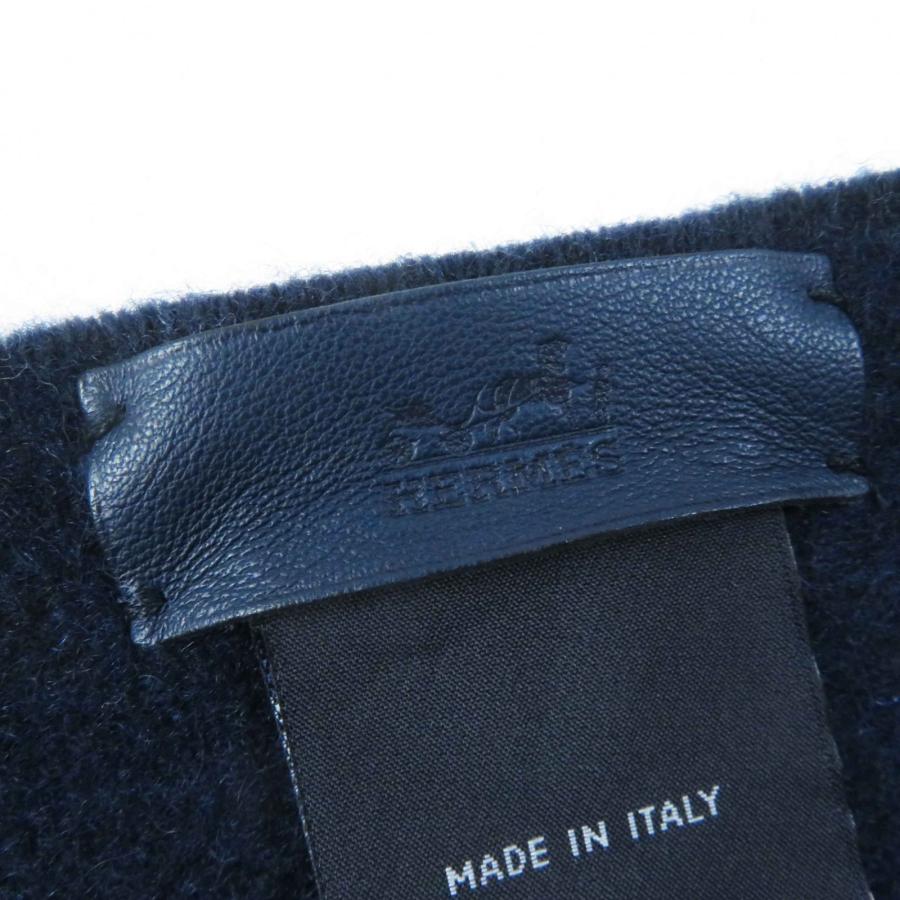 極美品◎HERMES エルメス H259096S カシミヤ100％ ポケット裏シルク100％ アリュメット・ポケット バイカラー フリンジ付き マフラー／ストール ネイビー ブルー イタリア製 レディース HERMES - 極美品◎HERMES エルメス H259096S カシミヤ100％ ポケット裏