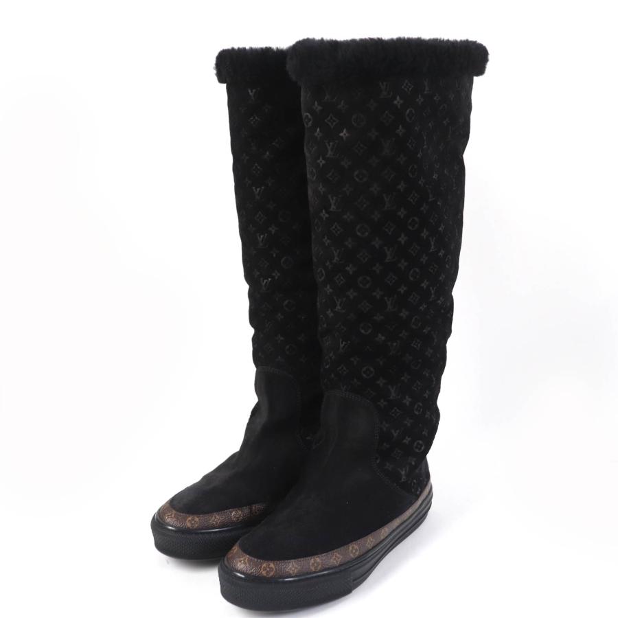 極美品☆LOUIS VUITTON ルイヴィトン スノーボール・ライン モノグラム ムートン ロングブーツ ブラック 35.5 保存袋付 伊製 レディース LOUIS VUITTON（ルイ・ヴィトン） 極美品☆LOUIS VUITTON スノーボール