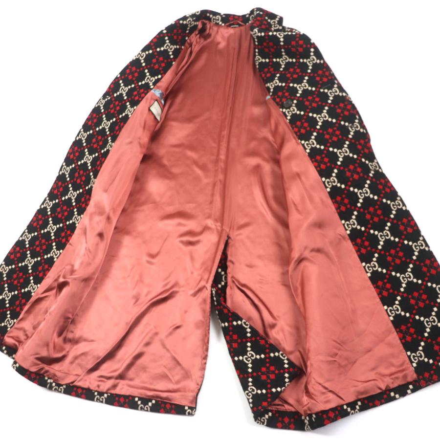 美品▼GUCCI グッチ 535769 GGダイヤモンド Diamond Wool Coat ウール100% ロング ダブルチェスターコート ブラック レッド 50 正規品