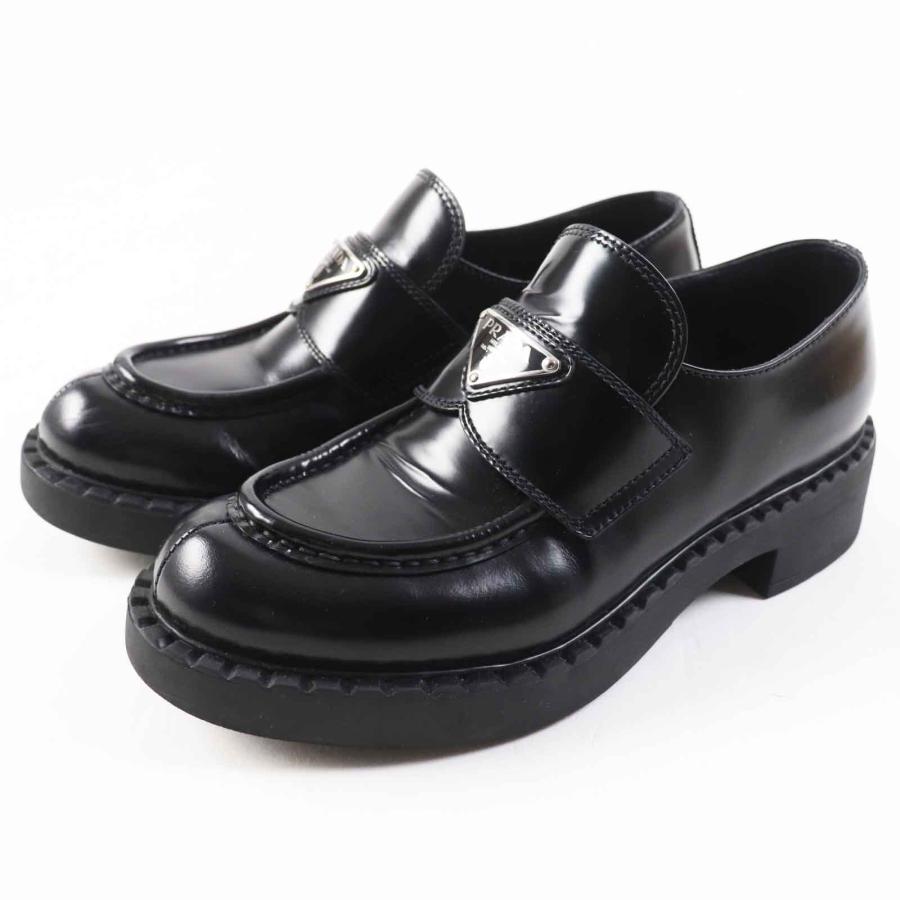 PRADA チョコレート ブラッシュドレザー ローファー 三角ロゴ 22cm