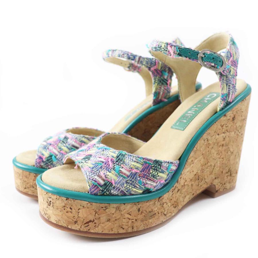 未使用品◎CHANEL シャネル G39812 ココマーク ツイード ウエッジソール サンダル グリーン系 マルチ 37 1／2C 箱付き 伊製 レディース CHANEL（シャネル） 未使用品◎CHANEL G39812 ココマーク ツイード