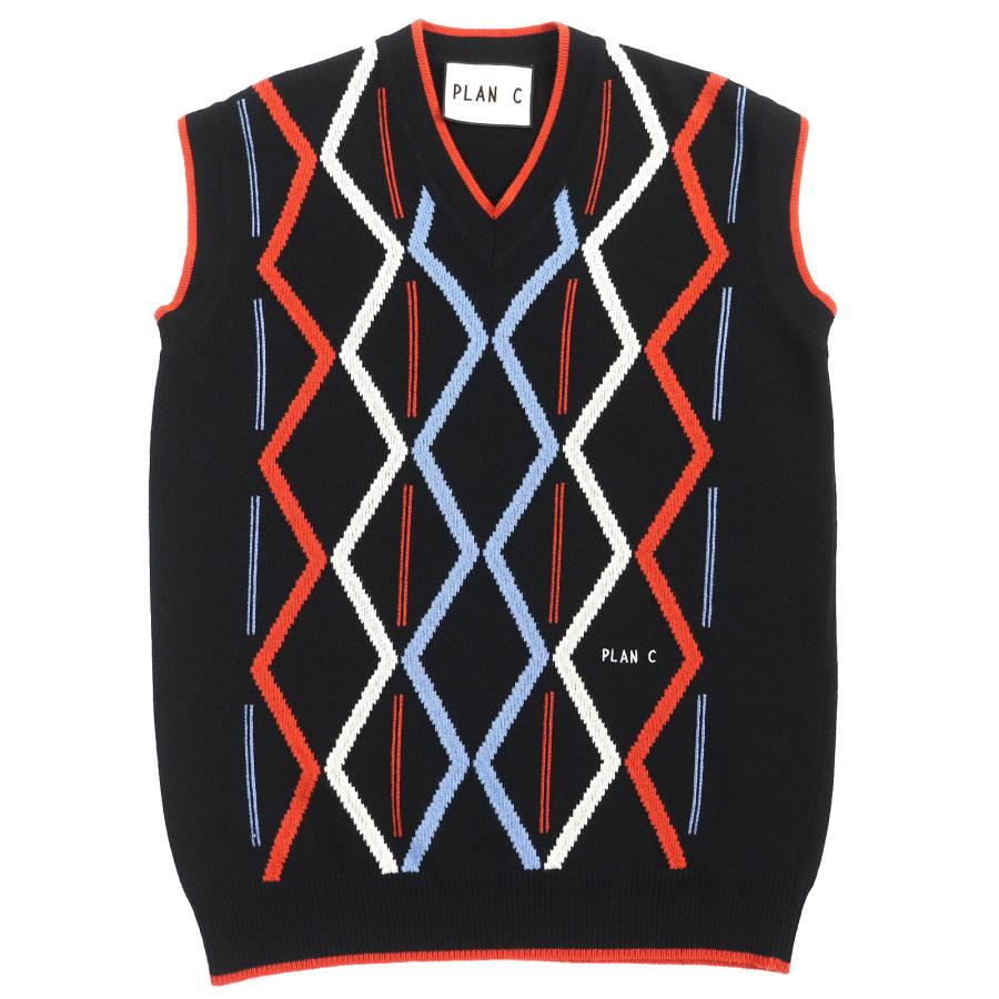 美品△Plan C プランシー GLCME01G00FW009 Rhombus Intarsia ウール カシミヤ ロゴ刺繍 総柄 Vネック ニット ベスト ブラック オレンジ ブルー ホワイト 38 イタリア製 正規品 メンズ 美品△Plan C プランシー GLCME01G00FW009 Rhombus Intarsia ウール