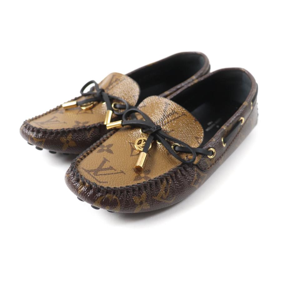 極美品★ルイヴィトン グロリア・ライン モノグラムリバース LV金具付 レザー ドライビングシューズ スリッポン ブラウン 35.5 箱・袋付 LOUIS VUITTON（ルイ・ヴィトン） 極美品☆ルイヴィトン グロリア