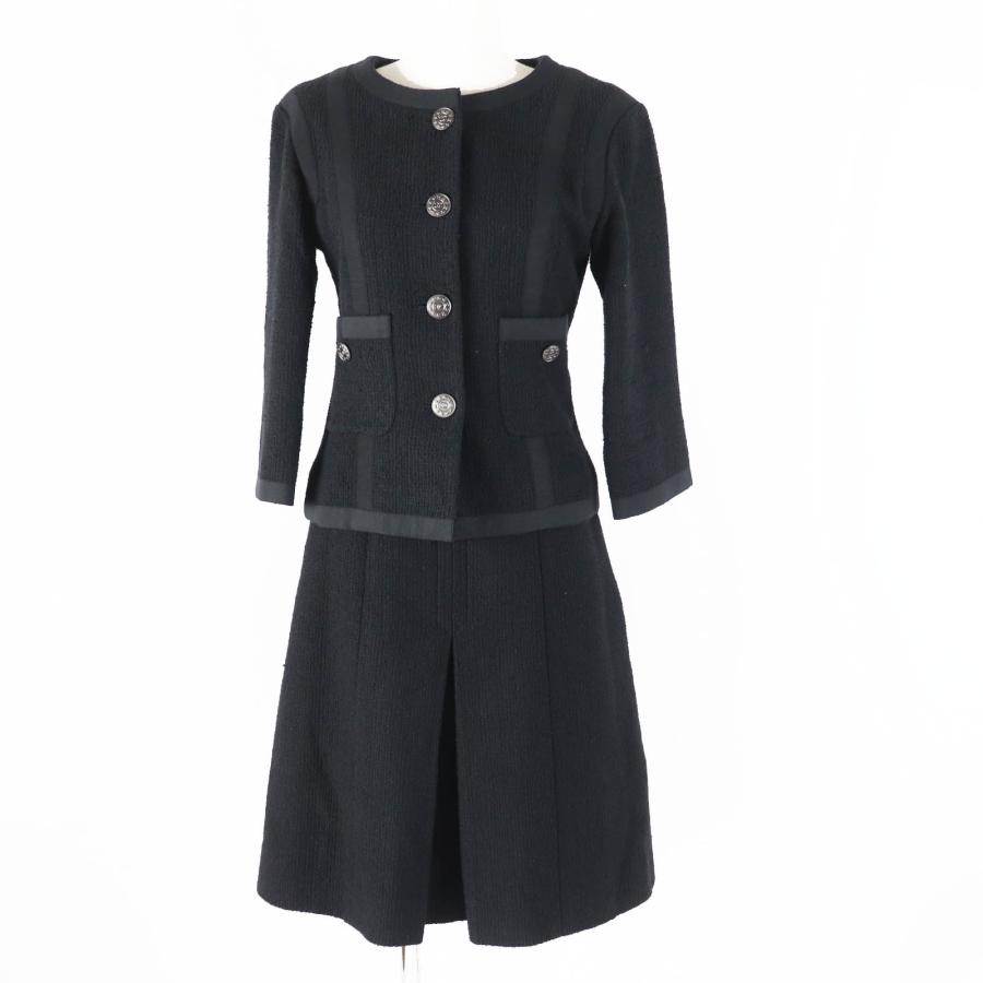 極美品◎CHANEL シャネル P45580／P45436 コットン 裏シルク ココマークボタン付き ツイード セットアップ ブラック 36・36 仏製 正規品 CHANEL（シャネル） 極美品◎CHANEL P45580／P45436 コットン 裏シルク