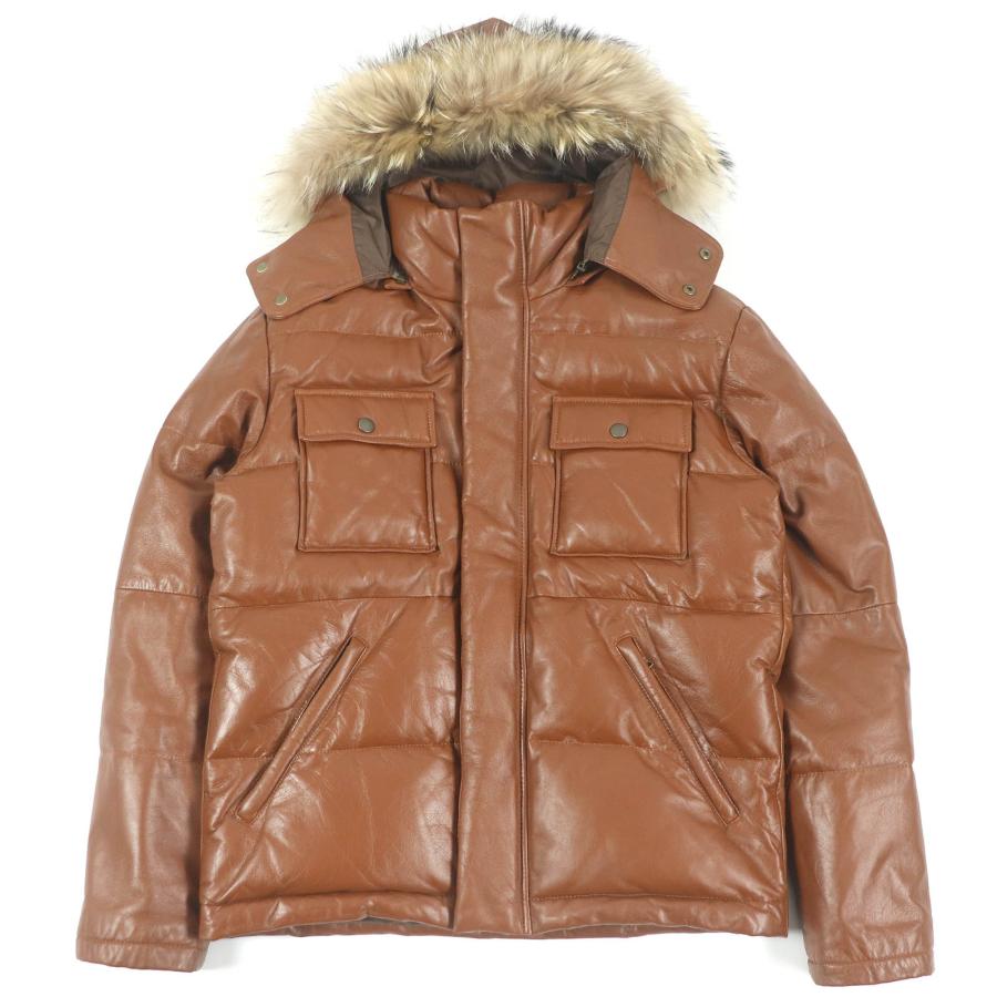 良品□PS Paul Smith ピーエス ポールスミス 羊革 ファーフーデッド WZIP ラムレザー ダウンジャケット ブラウン S 正規品 メンズ Paul Smith（ポール・スミス） 良品□PS Paul Smith ピーエス 羊革
