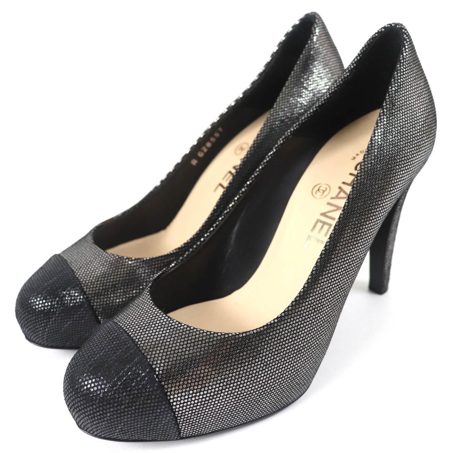 美品△CHANEL シャネル G28557 ココマーク ラインストーン メタリック レザー キャップトゥ プラットフォーム パンプス シルバー系 35.5 CHANEL（シャネル） 美品△CHANEL G28557 ココマーク ラインストーン