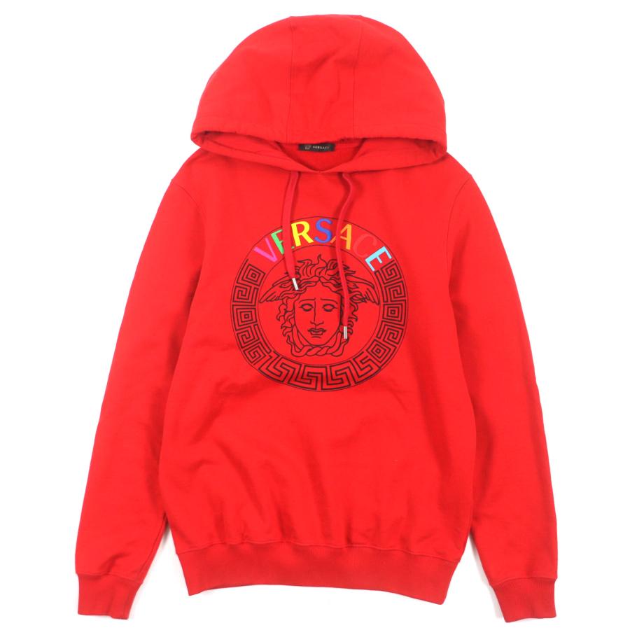 美品▼VERSACE ヴェルサーチ コットン100% メデューサプリント ロゴ刺繍 フーディ プルオーバー パーカー レッド S 伊製 正規品 メンズ 美品▽VERSACE ヴェルサーチ コットン100% メデューサプリント ロゴ