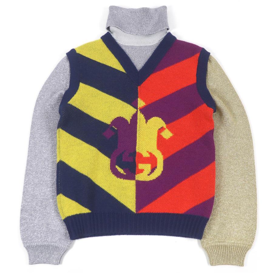 極美品□GUCCI グッチ 724770 ウール GGロゴジャガードド ッキングデザイン タートルネックニット セーター マルチカラー S イタリア製 正規品 メンズ GUCCI（グッチ） 極美品□GUCCI 724770 GGロゴジャガード ドッキング