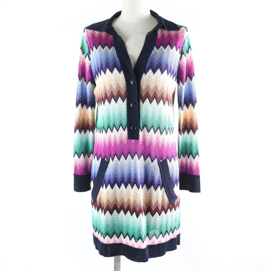 極美品☆Missoni ミッソーニ ジグザグ総柄 長袖 プルオーバー チュニック ワンピース マルチカラー 42 イタリア製 正規品 レディース MISSONI（ミッソーニ） 極美品☆Missoni ジグザグ総柄 長袖 プル