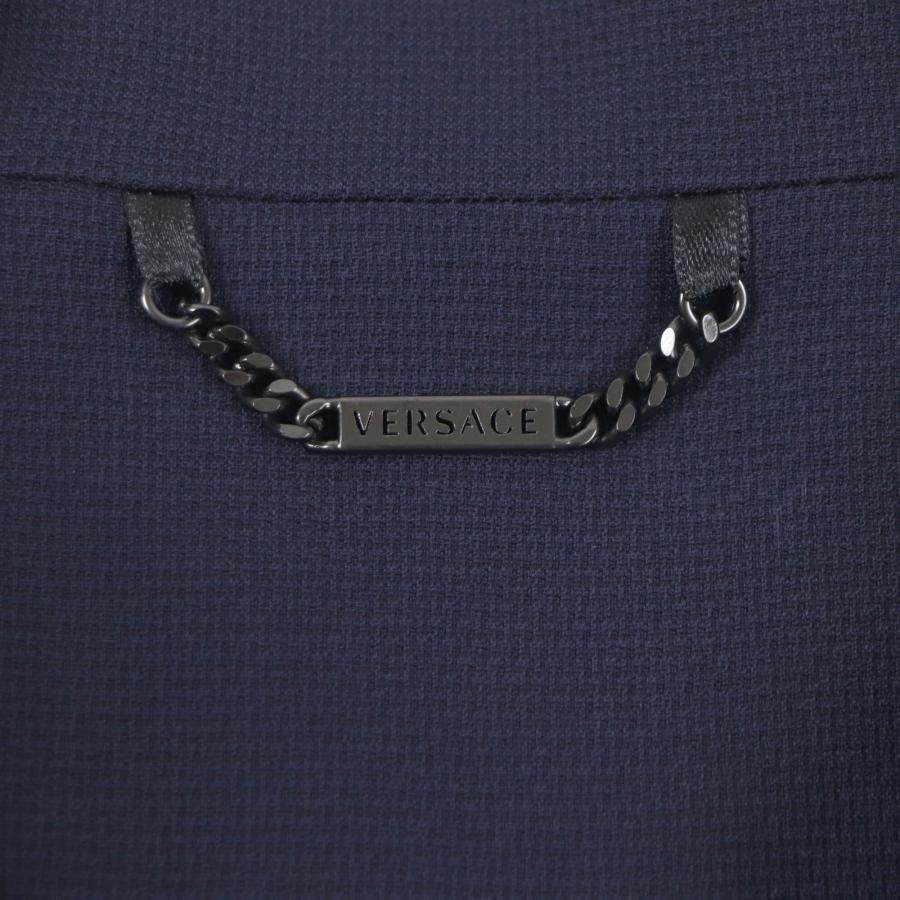 極美品▼VERSACE ヴェルサーチ 2017年製 ウール コットン 比翼仕立て ロゴ入りボタン 薄手 ステンカラーコート ネイビー 54 イタリア製 メンズ 極美品▽VERSACE ヴェルサーチ 2017年製 ウール70% 比翼仕立て ロゴ