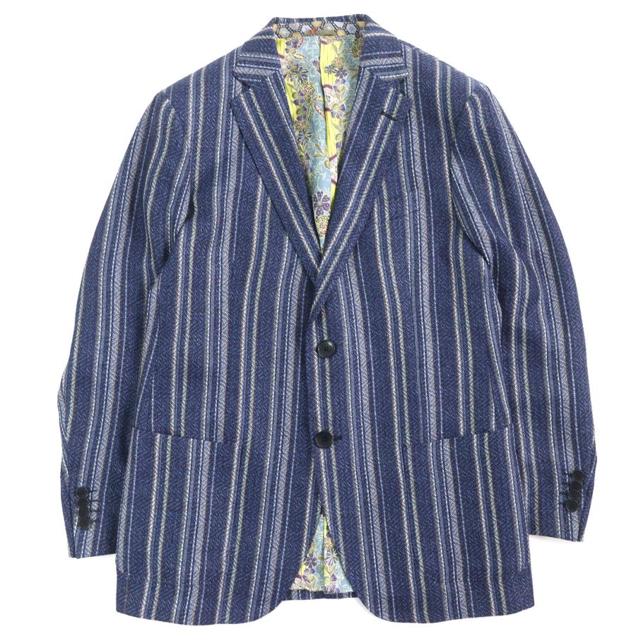 極美品△ETRO エトロ 21SS BEN ETRO ESSERE ヘンプ ウール 裏地総柄 ストライプ シングル テーラードジャケット ネイビー系 48 正規品 ETRO（エトロ） 極美品△ETRO 21SS BEN ETRO ESSERE ヘンプ ウール