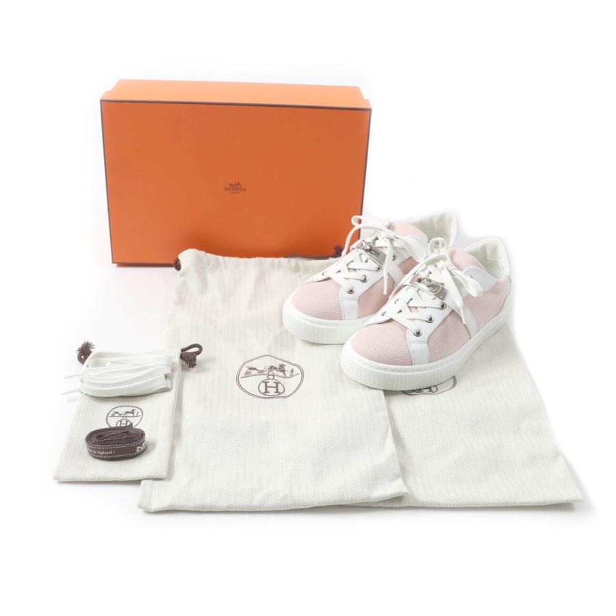 極美品★HERMES エルメス 2022年製 デイ ケリーバックル付 レザー使い レースアップ キャンバス スニーカー ピンク 36.5 箱・保存袋付_1