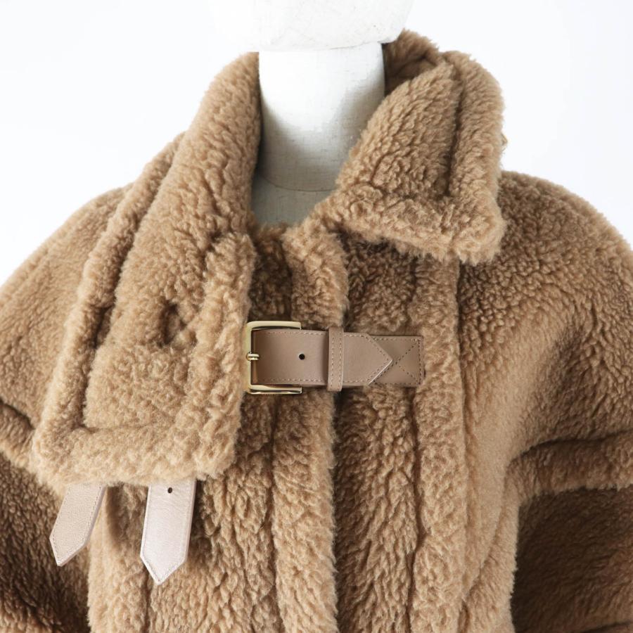 極美品◎Max Mara マックスマーラ 2023年製 白タグ RODANO テディベア キャメル シルク バックルベルト ケープコート ブラウン 165／88Aの画像