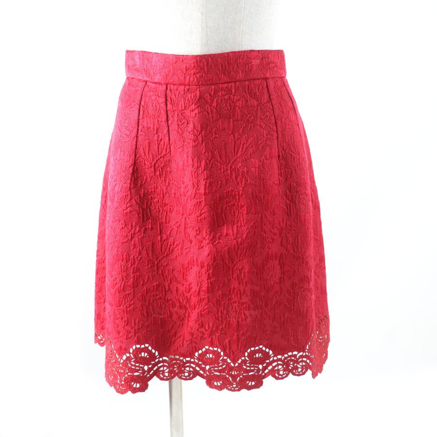 極美品★DOLCE&GABBANA ドルチェ＆ガッバーナ シルク混 花柄 総柄エンボス レース付 台形 スカート レッド 40 伊製 正規品 レディース 極美品☆DOLCE&GABBANA ドルチェ＆ガッバーナ シルク混 花柄 総柄