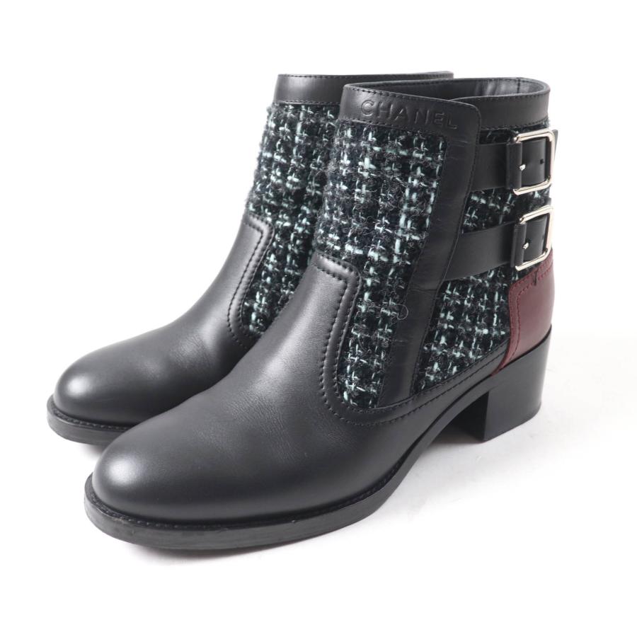 美品★CHANEL シャネル 22B G39334 ベルトデザイン ロゴ入り レザー ツイード アンクルブーツ ブラック ライトブルー 箱・保存袋付き CHANEL（シャネル） 美品☆CHANEL 22B G39334 ベルトデザイン ロゴ入り