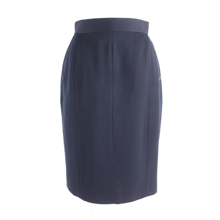 極美品★CHANEL シャネル ヴィンテージ P04471 ウール100％ 90S ココマークボタン付  タイトスカート ネイビー 38 フランス製 レディース CHANEL（シャネル） 極美品☆CHANEL ヴィンテージ P04471 ウール100