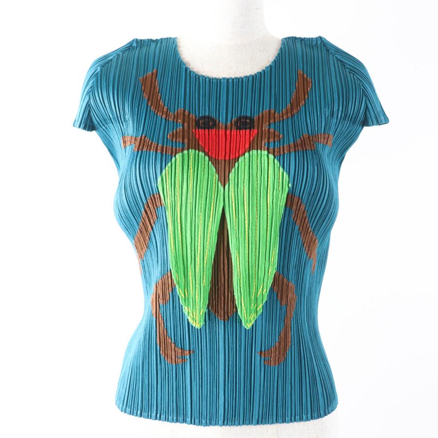 極美品☆PLEATS PLEASE プリーツプリーズ イッセイミヤケ PP33-JK642 昆虫モチーフ 半袖 カットソー ブルー 3 日本製 正規品 レディース 極美品☆PLEATS PLEASE プリーツプリーズ イッセイミヤケ PP33-JK642