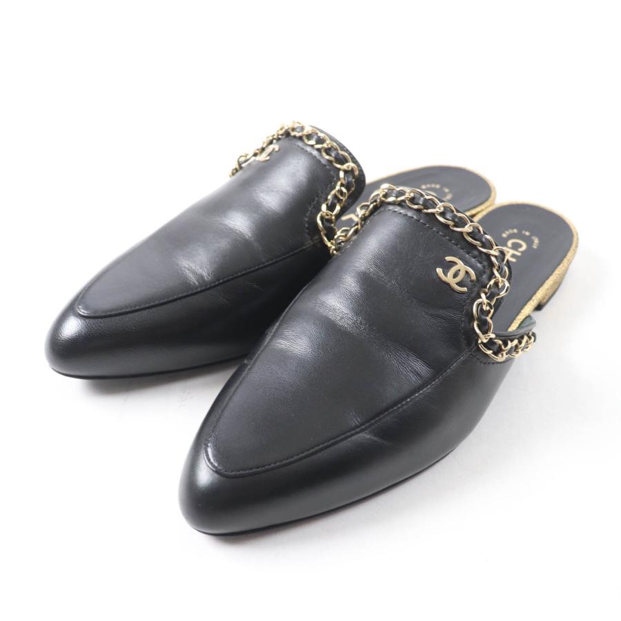 未使用品★CHANEL シャネル 19A G34926 ココマーク チェーン装飾 ポインテッドトゥ レザー ミュール ブラック ゴールド金具 37.5 箱付き CHANEL（シャネル） 未使用品☆CHANEL 19A G34926 ココマーク チェーン