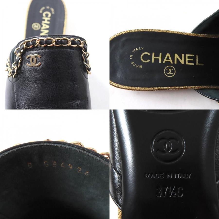 未使用品★CHANEL シャネル 19A G34926 ココマーク チェーン装飾 ポインテッドトゥ レザー ミュール ブラック ゴールド金具 37.5 箱付きの画像
