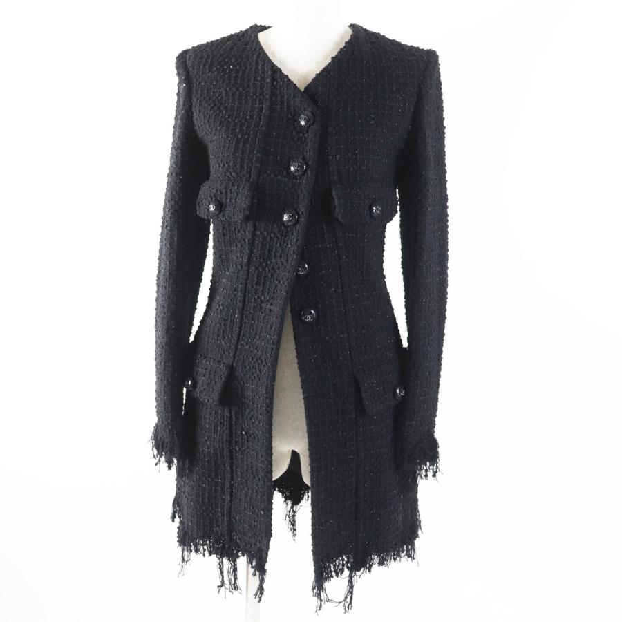 極美品◎CHANEL シャネル 22C P71826 ランウェイ着 ラインストーンココボタン イリディッセントツイード コート ブラック ラメ 34 正規品 CHANEL（シャネル） 極美品◎CHANEL 22C P71826 ランウェイ着 ライン