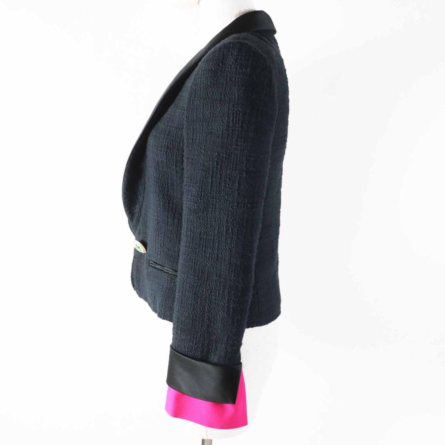 極美品◎CHANEL シャネル 12A P43994 シルク使い グリポアボタン ショールカラー ツイードジャケット ブラック ローズ 36 仏製 正規品の画像