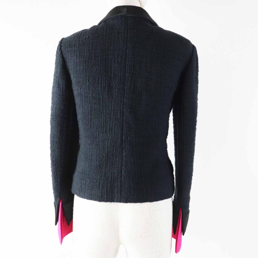極美品◎CHANEL シャネル 12A P43994 シルク使い グリポアボタン ショールカラー ツイードジャケット ブラック ローズ 36 仏製 正規品の画像